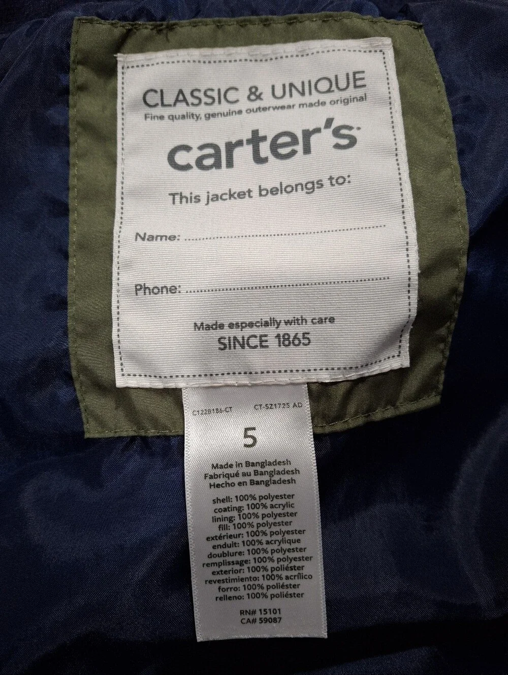 Carters Kids Green Olive Dino Hooded Windbreaker Jacket Coat Size 5 Years